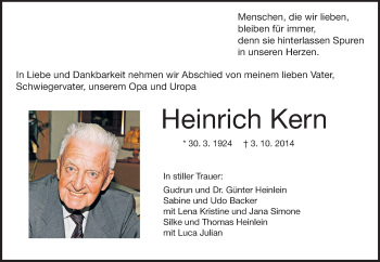 Traueranzeige von Heinrich Kern von Darmstädter Echo, Odenwälder Echo, Rüsselsheimer Echo, Groß-Gerauer-Echo, Ried Echo