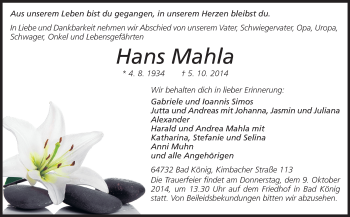 Traueranzeige von Hans Mahla von Odenwälder Echo