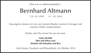 Traueranzeige von Bernhard Altmann von Rüsselsheimer Echo, Groß-Gerauer-Echo, Ried Echo