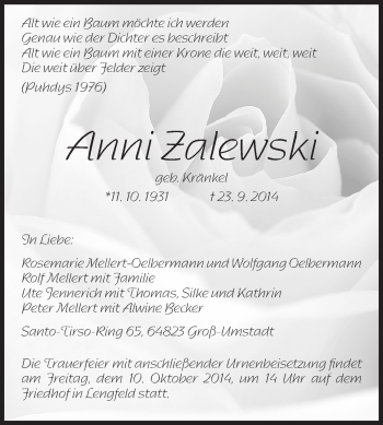 Traueranzeige von Anni Zalewski von Echo-Zeitungen (Gesamtausgabe)