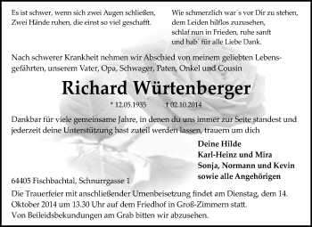 Traueranzeige von Richard Würtenberger von Echo-Zeitungen (Gesamtausgabe)