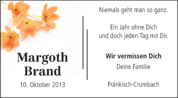Traueranzeige von Margoth Brand von Odenwälder Echo