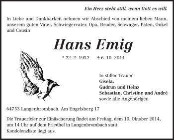 Traueranzeige von Hans Emig von Odenwälder Echo