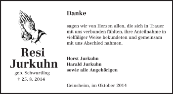 Traueranzeige von Resi Jurkuhn von Rüsselsheimer Echo, Groß-Gerauer-Echo, Ried Echo