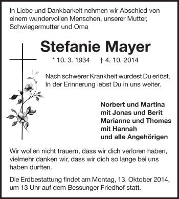 Traueranzeige von Stefanie Mayer von Echo-Zeitungen (Gesamtausgabe)