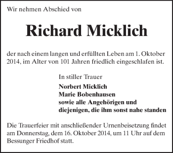Traueranzeige von Richard Micklich von Echo-Zeitungen (Gesamtausgabe)