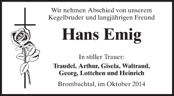 Traueranzeige von Hans Emig von Odenwälder Echo