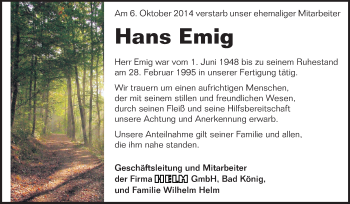 Traueranzeige von Hans Emig von Odenwälder Echo