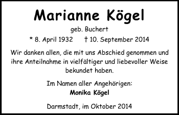 Traueranzeige von Marianne Kögel von Echo-Zeitungen (Gesamtausgabe)