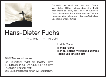 Traueranzeige von Hans-Dieter Fuchs von Echo-Zeitungen (Gesamtausgabe)