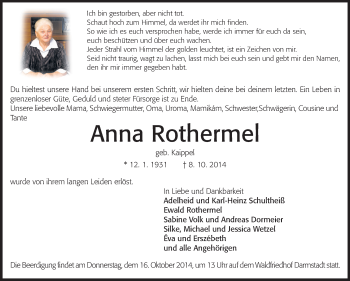 Traueranzeige von Anna Rothermel von Echo-Zeitungen (Gesamtausgabe)