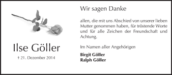 Traueranzeige von Ilse Göller von Echo-Zeitungen (Gesamtausgabe)