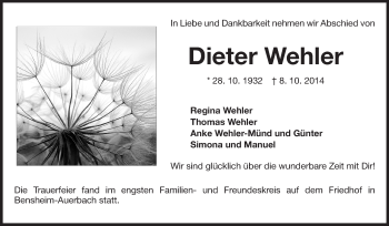 Traueranzeige von Dieter Wehler von Echo-Zeitungen (Gesamtausgabe)