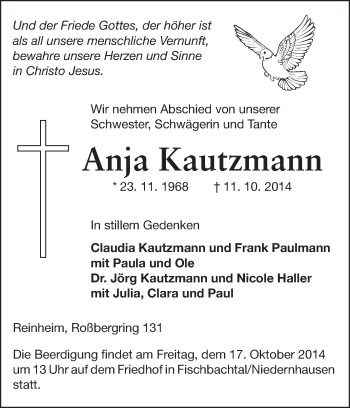 Traueranzeige von Anja Kautzmann von Echo-Zeitungen (Gesamtausgabe)