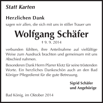 Traueranzeige von Wolfgang Schäfer von Odenwälder Echo