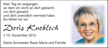 Traueranzeige von Doris Knobloch von Echo-Zeitungen (Gesamtausgabe)