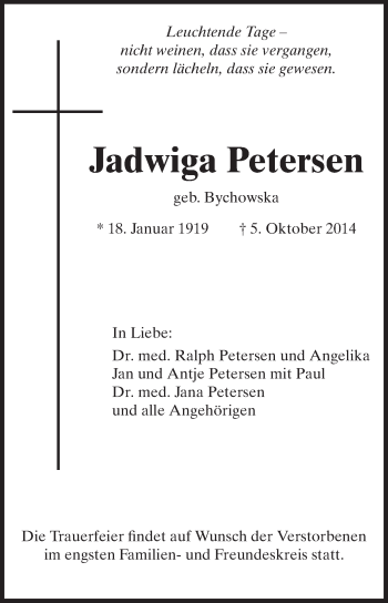 Traueranzeige von Jadwiga Petersen von Rüsselsheimer Echo, Groß-Gerauer-Echo, Ried Echo