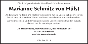 Traueranzeige von Marianne Schmitz von Hülst von Rüsselsheimer Echo, Groß-Gerauer-Echo, Ried Echo