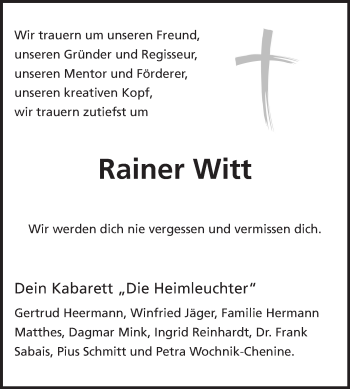 Traueranzeige von Rainer Witt von Echo-Zeitungen (Gesamtausgabe)