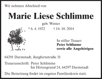 Traueranzeige von Marie Liese Schlimme von Echo-Zeitungen (Gesamtausgabe)