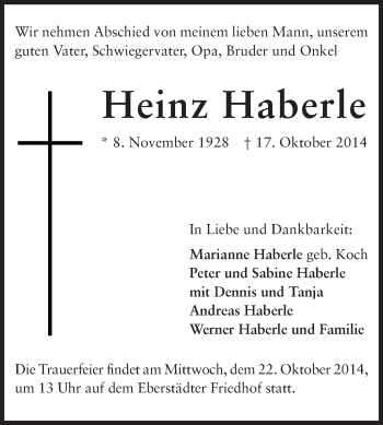 Traueranzeige von Heinz Haberle von Echo-Zeitungen (Gesamtausgabe)