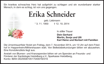 Traueranzeige von Erika Schneider von Starkenburger Echo, Bergsträßer Anzeiger