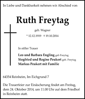 Traueranzeige von Ruth Freytag von Darmstädter Echo, Odenwälder Echo, Rüsselsheimer Echo, Groß-Gerauer-Echo, Ried Echo