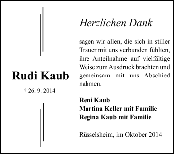 Traueranzeige von Rudi Kaub von Rüsselsheimer Echo, Groß-Gerauer-Echo, Ried Echo