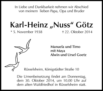 Traueranzeige von Karl-Heinz  Götz von Rüsselsheimer Echo, Groß-Gerauer-Echo, Ried Echo
