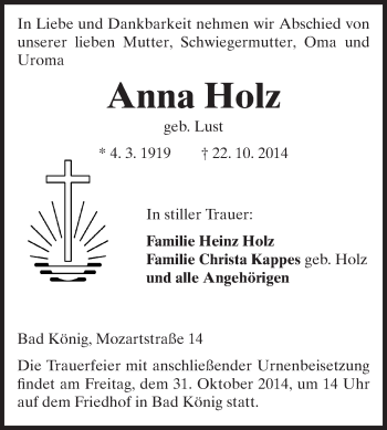 Traueranzeige von Anna Holz von Odenwälder Echo