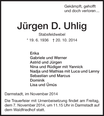 Traueranzeige von Jürgen D. Uhlig von Echo-Zeitungen (Gesamtausgabe)