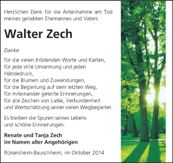 Traueranzeige von Walter Zech von Rüsselsheimer Echo, Groß-Gerauer-Echo, Ried Echo