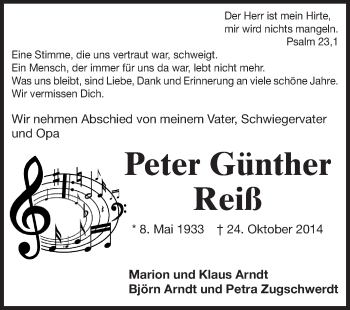 Traueranzeige von Peter Günther Reiß von Echo-Zeitungen (Gesamtausgabe)