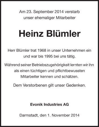 Traueranzeige von Heinz Blümler von Echo-Zeitungen (Gesamtausgabe)