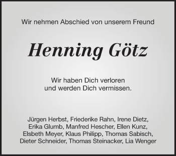 Traueranzeige von Franz Henning Götz von Echo-Zeitungen (Gesamtausgabe)