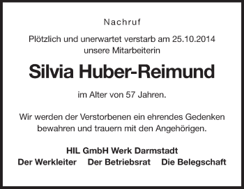 Traueranzeige von Silvia Huber-Reimund von Echo-Zeitungen (Gesamtausgabe)