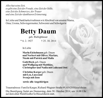 Traueranzeige von Betty Daum von Rüsselsheimer Echo, Groß-Gerauer-Echo, Ried Echo