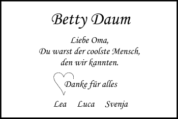 Traueranzeige von Betty Daum von Rüsselsheimer Echo, Groß-Gerauer-Echo, Ried Echo