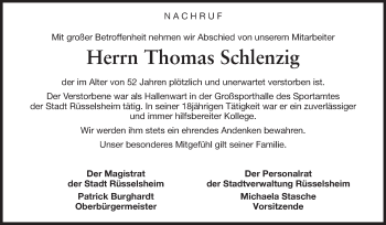 Traueranzeige von Thomas Schlenzig von Rüsselsheimer Echo, Groß-Gerauer-Echo, Ried Echo