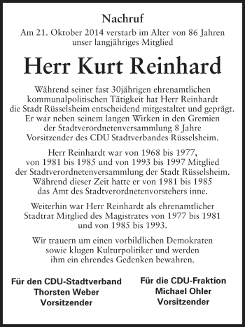 Traueranzeige von Kurt Reinhardt von Rüsselsheimer Echo, Groß-Gerauer-Echo, Ried Echo