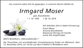 Traueranzeige von Irmgard Moser von Rüsselsheimer Echo, Groß-Gerauer-Echo, Ried Echo