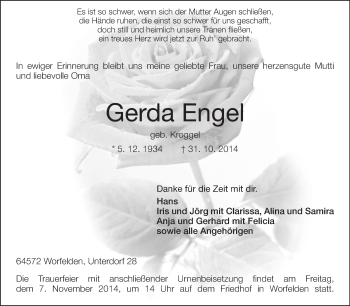 Traueranzeige von Gerda Engel von Rüsselsheimer Echo, Groß-Gerauer-Echo, Ried Echo