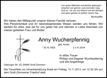 Traueranzeige von Anny Wucherpfennig von Echo-Zeitungen (Gesamtausgabe)