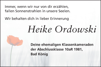 Traueranzeige von Heike Ordowski von Odenwälder Echo