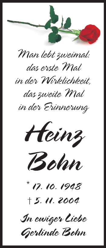 Traueranzeige von Heinz Bohn von Odenwälder Echo
