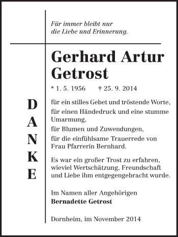 Traueranzeige von Gerhard Artur Getrost von Rüsselsheimer Echo, Groß-Gerauer-Echo, Ried Echo