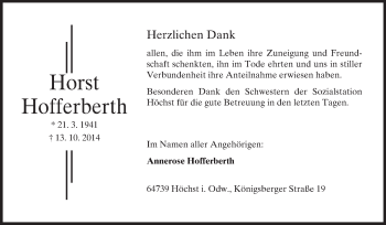 Traueranzeige von Horst Hofferberth von Odenwälder Echo