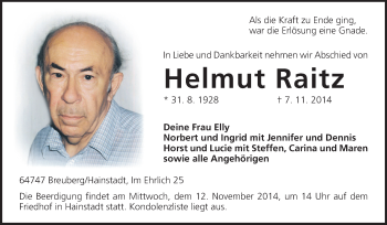 Traueranzeige von Helmut Raitz von Odenwälder Echo