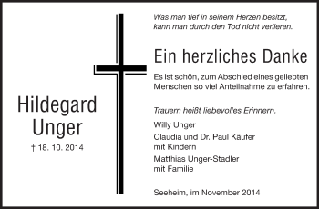 Traueranzeige von Hildegard Unger von Echo-Zeitungen (Gesamtausgabe)