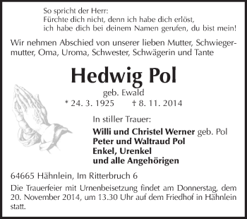 Traueranzeige von Hedwig Pol von Echo-Zeitungen (Gesamtausgabe)